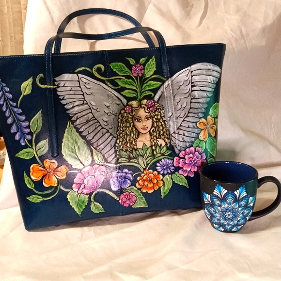 Unique HAND PAINTED Genuine LEATHER Tote Bag *NWT* Teal Blue Angel Fairy flowers - Picture 10 of 12